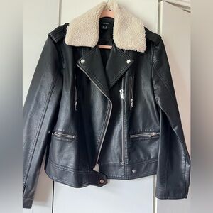 Forever 21 Black Leather Jacket with Cream Collar